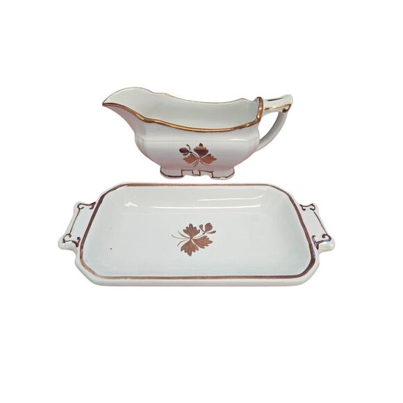 Meakin Tea Leaf Copper Luster Gravy Boat and Underplate, Ironstone - Picture 2 of 10